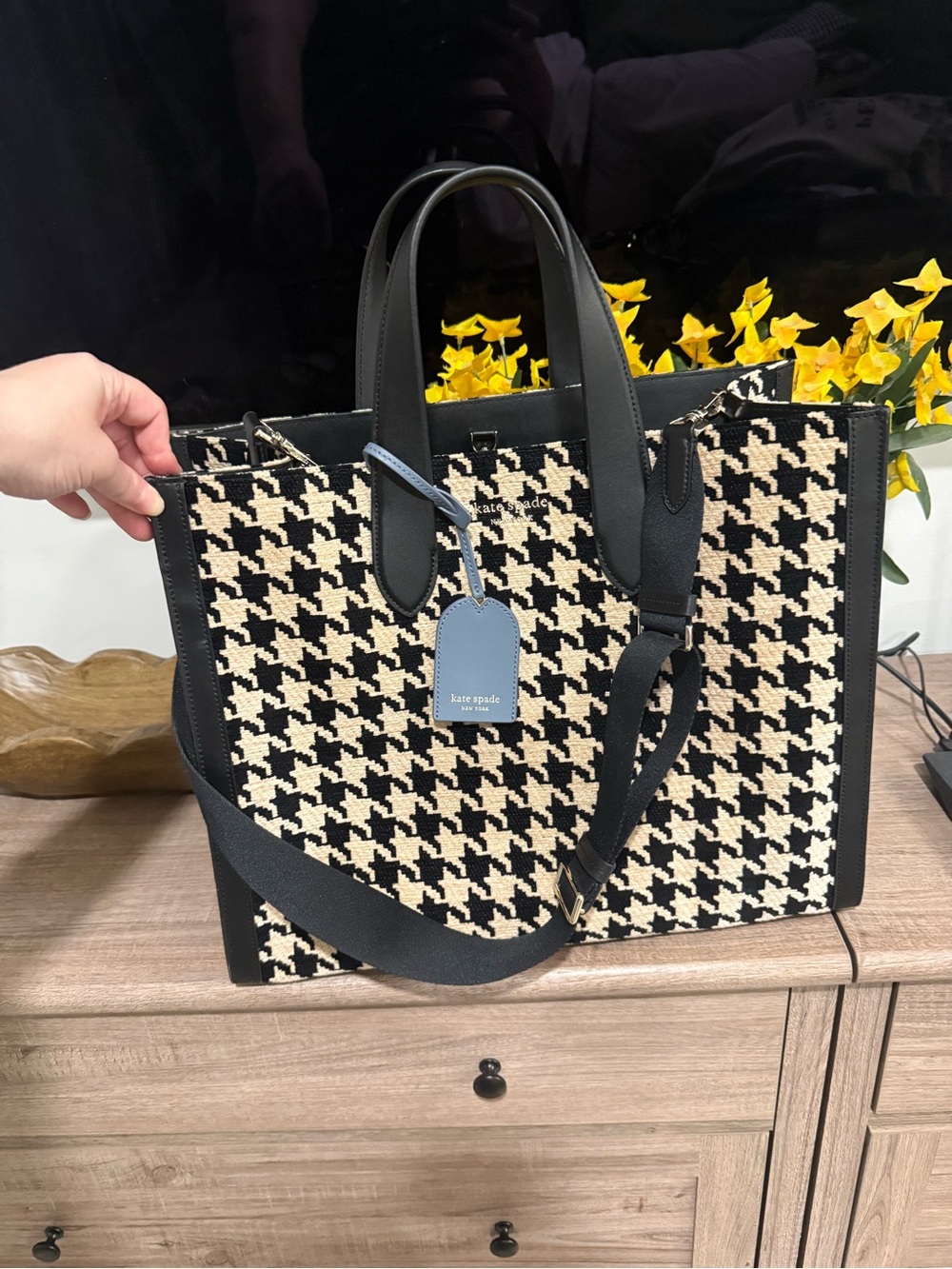 kate spade Black & Cream Houndstooth Tote with Shoulder Strap